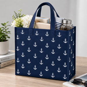<b>Navy</b> Blue Custom Printed Nonwoven Felt <b>Tote</b> <b>Bag</b> Medium Size Hand Length Handle Open Closure for Daily Use - Product Image 1