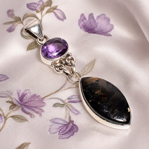 Pendentif en Nuummite et Améthyste Naturels, Argent Sterling 925 Plaqué Or Rose et Or Jaune, Bijou Fait Main en Pierres Précieuses, Cadeau pour Homme et Femme - Product Image 6