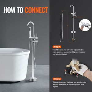 Rubinetto per vasca da bagno freestanding con doccia a pioggia, miscelatore a pavimento, rubinetto di riempimento vasca, rubinetteria con beccuccio girevole a 360 gradi e due modalità di getto d'acqua - Product Image 6