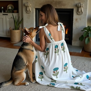 Botanique Vert Bleu Bloc Motif Sun-Kissed Floral Robe en coton avec sans manches Fit Tied Shoulder Bows pour Breezy Casual Look - Product Image 1