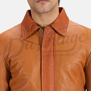 เสื้อแจ็คเก็ตหนังแท้สำหรับผู้ชาย สีแทนและสีคอนยัค หนังแกะแท้ ทรงสลิมฟิต แบบสองสี ซิปหน้า สไตล์แฟชั่น - Product Image 2