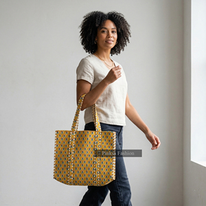 Wholesale Jaipur Hand Block Print Quilted Cotton Tote <b>Bag</b> <b>Women</b> Yellow Floral Large Shoulder Travel <b>Beach</b> Shopping <b>Bag</b> - Product Image 6