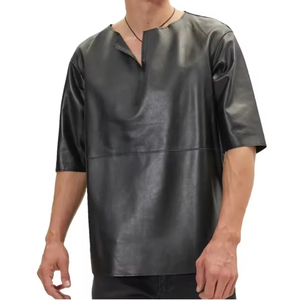 Men's Leather Satin Breathable Embroidered Stand Collar Plus Size Gym Wear Casual <b>Shirts</b> Pocket Black Summer Full Sleeve Sizes - Product Image 1