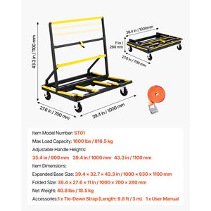 Carrello per Cartongesso con Capacità di Carico di 816 Kg, Carrello per Pannelli in Acciaio con 4 Ruote Girevoli, Carrello Pieghevole per Facile Spostamento - Product Image 4
