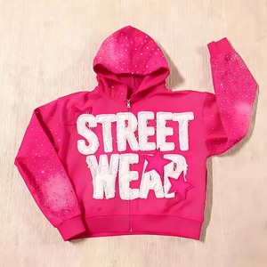 Sudadera con capucha para hombre de 400 g/m² de alto gramaje, estilo Hip Hop y Streetwear, con efecto desgastado, descolorido por el sol, bordado lavado, remaches personalizados OEM y pedrería. - Product Image 3