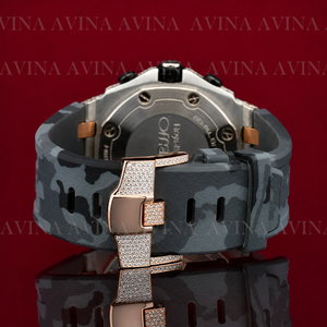 Reloj Cronógrafo de Lujo con Diamantes para Hombre, Reloj Hip Hop Personalizado con Bisel de Oro Rosa y Correa de Goma Camuflada, Reloj de Pulsera de Cuarzo - Product Image 3