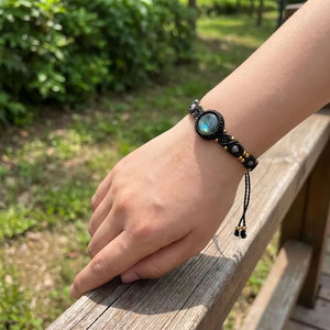 Handmade Black Macrame Labradorite <b>Bracelet</b> Boho <b>Gold</b> Beaded <b>Adjustable</b> Cuff for Women - Product Image 2