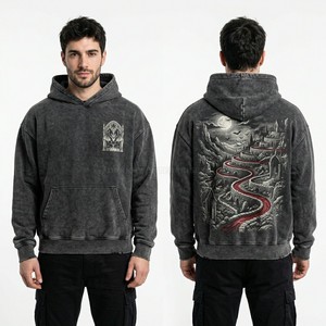 Custom Slate Blue Acid Wash Hoodie Men Oversized Streetwear Pullover Heavy Cotton Fleece Gothic Graphic Print Hooded Sweatshirt - Product Image 2