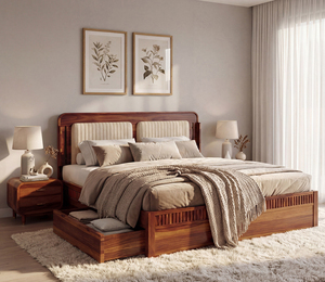 Cama de Madera de Sheesham Premium con Cajones de Almacenamiento, Tamaño King, Acabado en Nogal, Cama de Madera Maciza con Cajón de Almacenamiento Práctico, Cama con Ruedas - Product Image 1
