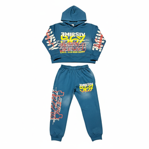 Ensemble de survêtement unisexe EMIRSIV bleu à capuche, respirant, épais, manches longues, imprimé, taille élastique, style streetwear, en coton, pour adulte, été - Product Image 1