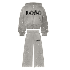 Conjunto de Sudadera con Capucha de Invierno de Algodón Pesado con Apliques Bordados, Lavado Ácido y Pedrería, Estilo Urbano Premium - Product Image 2