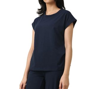 Camiseta de Manga Corta con Cuello Redondo Azul Marino para Mujer, Corte Holgado, Algodón, Informal, Verano, Básica, Personalizada, Venta al Por Mayor, Fabricante OEM - Product Image 3