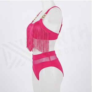 Conjunto de bikini rosa de dos piezas con top corto con borlas y pantalones de cintura alta, traje de baño para mujer - Product Image 3