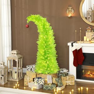 5 ft Bent Top Whimsical Christmas <b>Tree</b> with Prelit 200 <b>LED</b> Lights Pencil Xmas <b>Tree</b> Design Metal Base Red Ball Ornament - Product Image 2