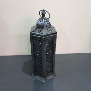 Artisan Design <b>Silver</b> Iron <b>Lantern</b> Star Pattern Decorative Hanging Candle Ramadan Eid Home Decoration 4.75X5.25X12" - Product Image 3
