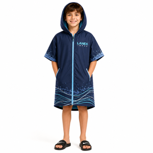Custom <b>Waterproof</b> Short Sleeve Hooded <b>Changing</b> <b>Robe</b> with Fleece Lining Full Zip Beach Swim Surf Poncho Jacket OEM & ODM Service - Product Image 1