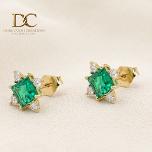 IGI Certified 14KT Solid Yellow Gold Lab Grown Diamond and Colombian <b>Emerald</b> <b>Stud</b> <b>Earring</b> Square Cut Designer Jewelry for Women - Product Image 2