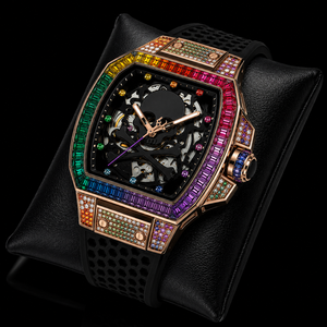 Reloj de pulsera de lujo para hombre con diseño de calavera y gemas de arcoíris, correa de caucho negra y caja de oro rosa, estilo hip hop - Product Image 1