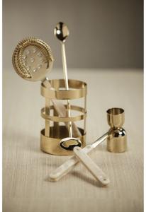 Elegant Gold Finished Barware Tool Set With Marble Handle <b>Spoon</b> Strainer Peg <b>Measure</b> And Storage Holder For Clubs And Home Bars - Product Image 5
