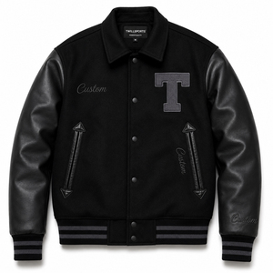 Veste varsity noire pour homme avec manches en cuir PU rouge, col rabattu, fermeture éclair avant, streetwear décontracté, vêtements d'extérieur pour l'automne - Product Image 1