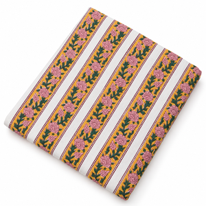 Tela de Algodón Voile Ligera, Tejida a Mano, Estampada con Bloques, 90GSM, Diseño Floral Rosa con Rayas Amarillas, Pinksa Fashion - Product Image 5