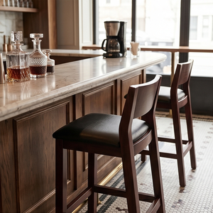 Solid Teak Wood <b>Bar</b> <b>Stool</b> Black Leather Upholstered Seat High Chair For Restaurant Cafe Kitchen Luxury Commercial Furniture - Product Image 5