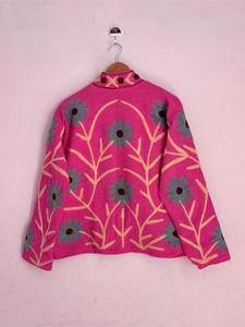 เสื้อแจ็คเก็ตผ้าฝ้ายปักลายซูซานีสีชมพูสไตล์โบฮีเมียน ลายดอกไม้ แขนยาว คอตั้ง ทำมือ เสื้อคลุมฤดูหนาว - Product Image 3