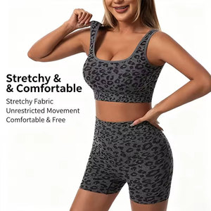 Leopard Print Yoga Set Women 2 Piece Crop <b>Top</b> High Waist Shorts Breathable Spandex Polyester Workout Outfit Square Neck - Product Image 1