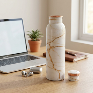 Botella de Agua de Cobre Ecológica con Diseño de Mosaico y Patrón de Mármol, Diseño Moderno con Anillo, a Prueba de Fugas, Ayurvédica, Hecha en India - Product Image 1