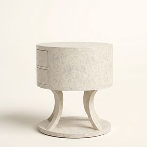 Artisan Mother of Pearl <b>White</b> <b>Round</b> <b>Bedside</b> <b>Table</b> with Double Drawers Floral Inlay Luxury Bedroom Furniture <b>Round</b> Nightstand - Product Image 4