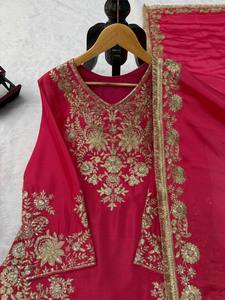 Women <b>Red</b> <b>Silk</b> Salwar Kameez With Gold Embroidery Traditional Indian Wedding Wear Floor-Length Regular Fit - Product Image 3