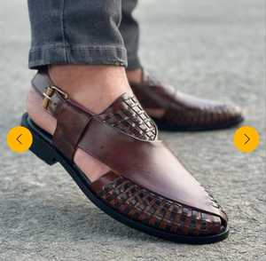 Sandalias de Hombre con Tira en T de Cuero Genuino Marrón, Punta Abierta, Diseño Geométrico, Suela de Goma Transpirable, Zapatos de Moda de Verano - Product Image 5