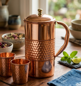 High-Quality Hammered/Lined Pure Copper Pitcher Set | Anti-Oxidant Coated Copper Water <b>Jug</b> & Glasses Vintage Elegant Copperware - Product Image 1