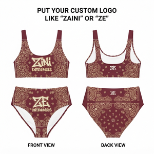 Ensemble de bikini pour femmes, qualité supérieure, 220 GSM, polyester et élasthanne, imprimé paisley, bordeaux crème, logo personnalisé, ensemble de maillots de bain par sublimation - Product Image 1