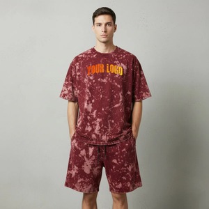 Conjunto de Camiseta y Pantalones Cortos Tie Dye para Hombre, Cuello Redondo, Corte Holgado, 100% Algodón, Transpirable, para Todas las Temporadas, Manga Corta, Logotipo Estampado en la Parte Delantera - Product Image 1