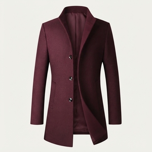Blazer en laine pour homme, style britannique, col mandarin, simple boutonnage, coupe droite, tissé, teint uni, marron - Product Image 2