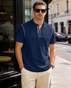 Camiseta de Manga Corta con Cuello en V para Hombre, Color Azul Marino, Corte Ajustado, Ribete en Contraste, Estilo Casual, Tejido de Punto, Color Sólido - Product Image 5