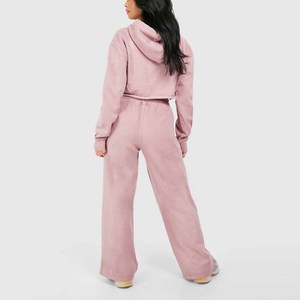 Women's Pink Fleece Hoodie <b>Set</b> Full Sleeve Loose Fit Casual 2 Piece Long Pants Solid Color All Seasons Daily Wear - Product Image 2