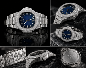 Mens Sapphire Crystal White Gold <b>Case</b> Moissanite Band Vintage Mechanical <b>Watch</b> Auto Date Royal Blue Dial 10m Water Resistant - Product Image 3