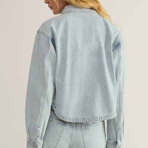 Light Blue Denim Jacket Cropped Shirt Style Women <b>Coat</b> Ladies Fashion Soft Wash Outerwear Casual Button Up Jean <b>Top</b> New - Product Image 3