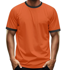 Men's <b>Orange</b> Short Sleeve T-Shirt Regular Fit O-Neck Contrast Trim Casual Knitted Solid Color Blank Design - Product Image 1