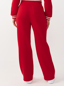 Pantalon cargo ample rouge pour femme, taille haute élastique, coupe décontractée, longueur intégrale, en coton tricoté à motif écossais, style hiver - Product Image 2