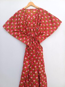 Women Pink Floral Block Print Cotton Kaftan Maxi <b>Dress</b> Loose Fit <b>Boho</b> <b>Summer</b> Beach Resort Wear - Product Image 3