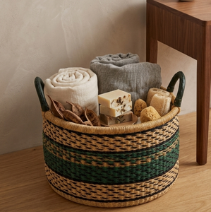 Seagrass <b>Basket</b> <b>with</b> Leather <b>Handles</b> Decorative Storage <b>Basket</b> stylist colored storage <b>basket</b> Artisan Handwoven <b>Basket</b> - Product Image 2