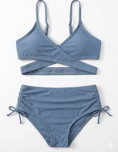 <b>bikinis</b> beachwear Women's <b>Blue</b> Crossed Halter <b>Bikini</b> <b>Set</b> High Waist Bottoms with Drawstring Detail Solid Color Swimwear - Product Image 1