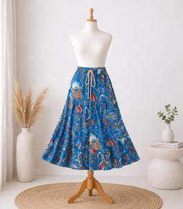 Boho Floral Print Layered Frill Midi <b>Skirt</b> for Women, <b>Elastic</b> Waistband Cotton Tiered Gadder <b>Skirt</b>, High Making Masterpiece - Product Image 1
