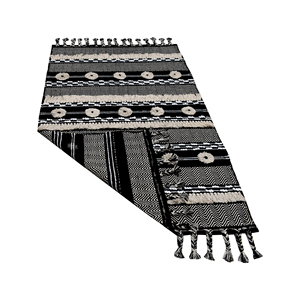 Tapis tissé à la main en laine, à poils ras, motif chevron noir et crème, avec pompons et franges, style marocain bohème - Product Image 2