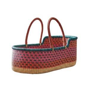Maker modern vibrant pink patterned high <b>wall</b> seagrass changing <b>basket</b> combined with rattan changing kid <b>basket</b> and straps - Product Image 3