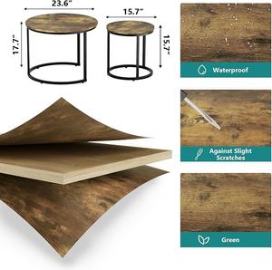 Juego de 2 mesas de centro redondas con tablero de madera rústica y patas ajustables antideslizantes para el hogar, jardín y otros lugares - Product Image 5