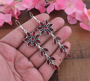 925 Sterling <b>Silver</b> Natural Red Garnet Flower Drop <b>Earrings</b> | Wholesale Handcrafted Marquise Leaf Long <b>Dangle</b> Chandelier <b>Earring</b> - Product Image 2